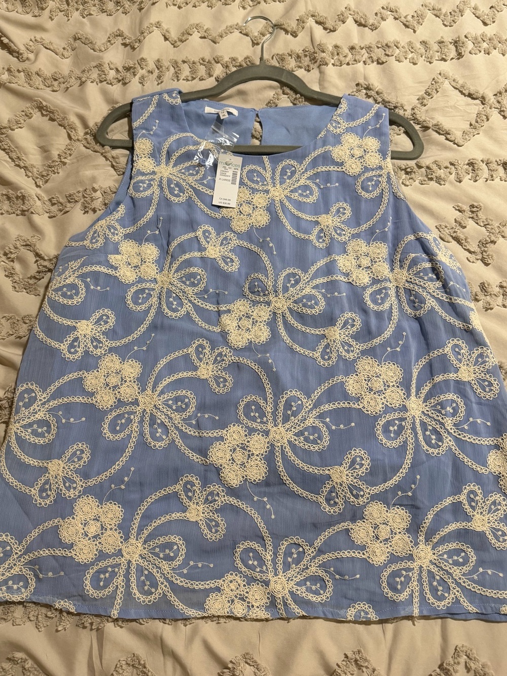 Maurices Light Blue Sleeveless Top with Cream Floral Embroidery